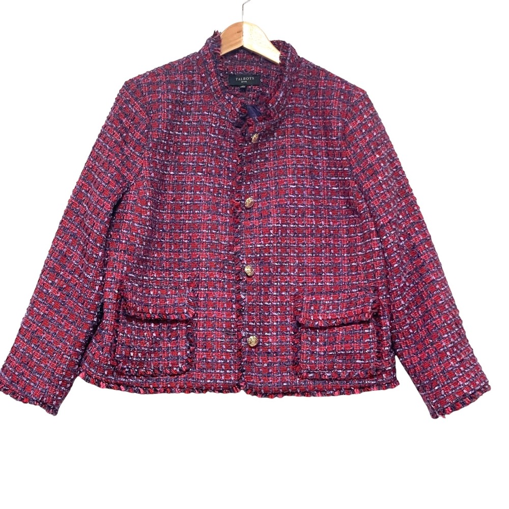 Talbots Petite Red Purple Tweed Jacket Gold Crest Button Frayed Trim Blazer 12P - Picture 2 of 7